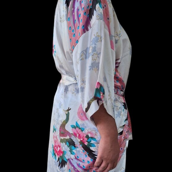 Oriental Village Silk Collection Belted Peacock & Floral Teal Pink Kimono - Picture 4 of 7
